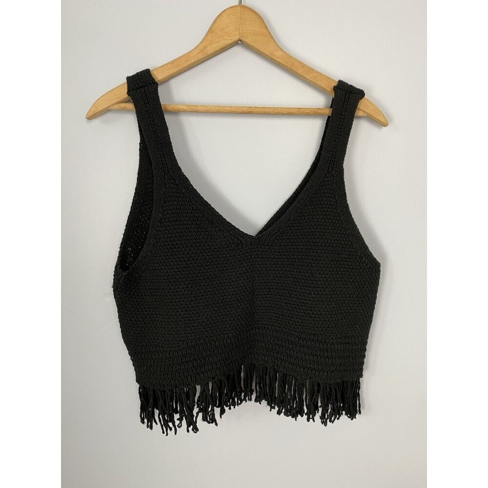 Pilcro Anthropologie Black Sleeveless Knit Top Womens Medium Festival Fringe - Picture 3 of 8
